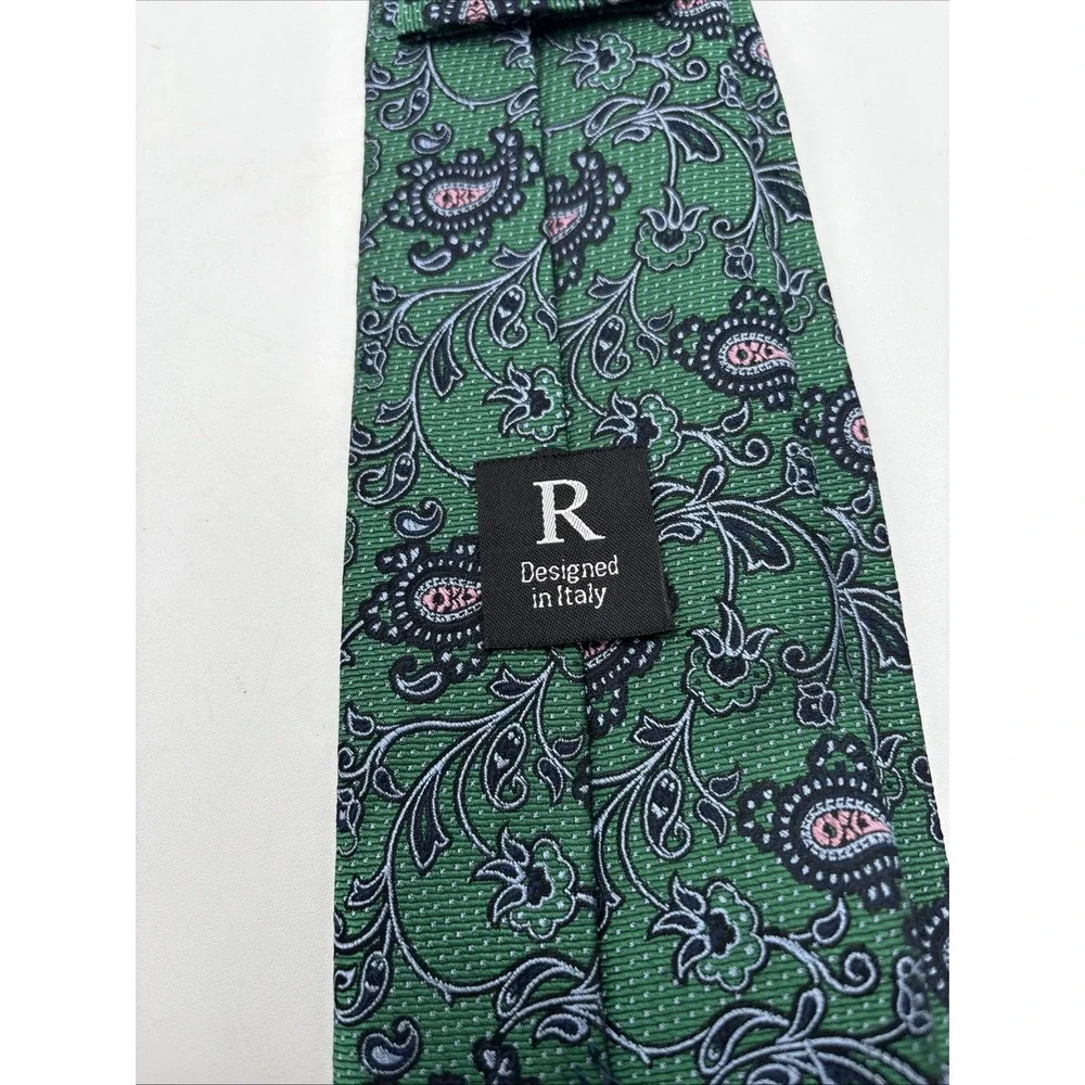 R Designed in Italy Green Paisley‎ 100% Silk Necktie Tie 60